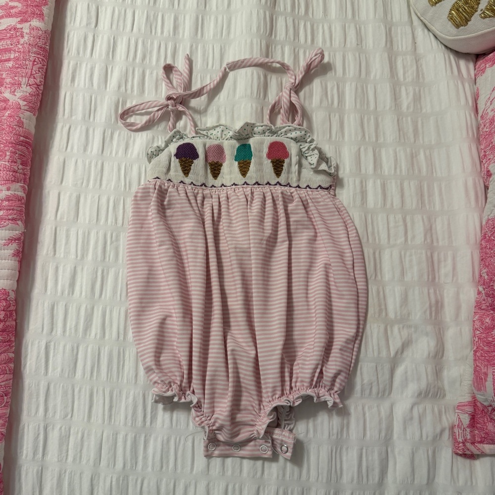 Pink Striped Baby Romper with Ice Cream Design